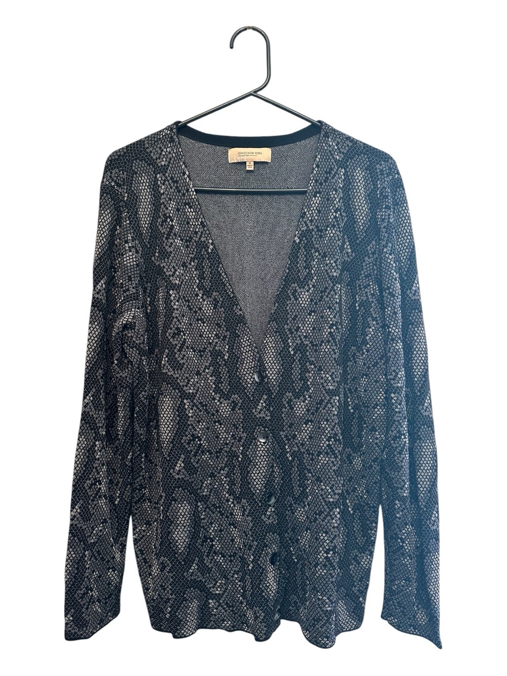 Vintage Y2K Grunge Jones New York Black and Gray Snake Print V-Neck Cardigan 1X
